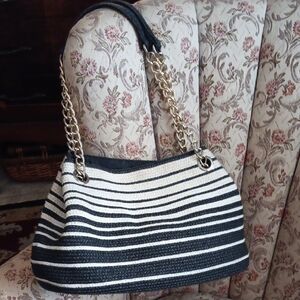 Cache Black and White Striped Shoulder Bag